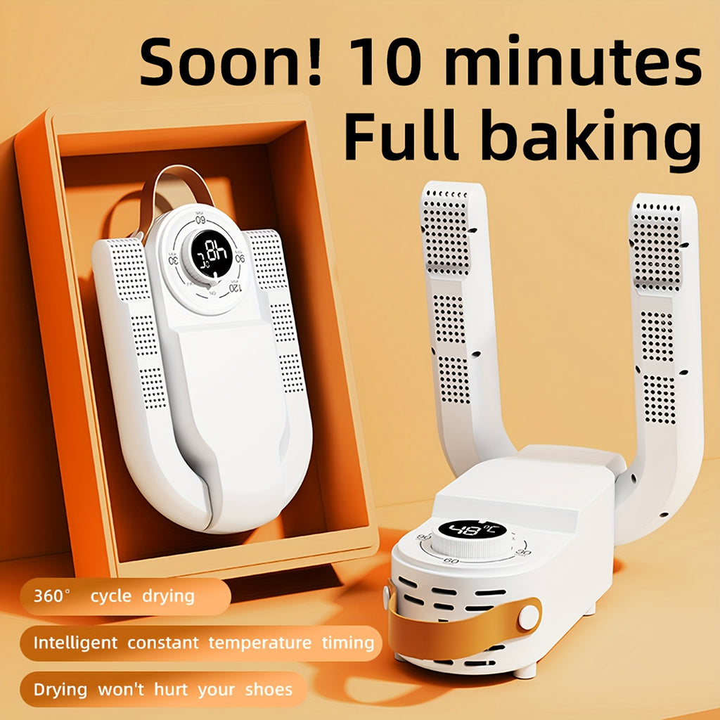 ShoeJet™ shoe dryer in white with folding arms and digital display, designed for 10-minute rapid drying by HighPeak
