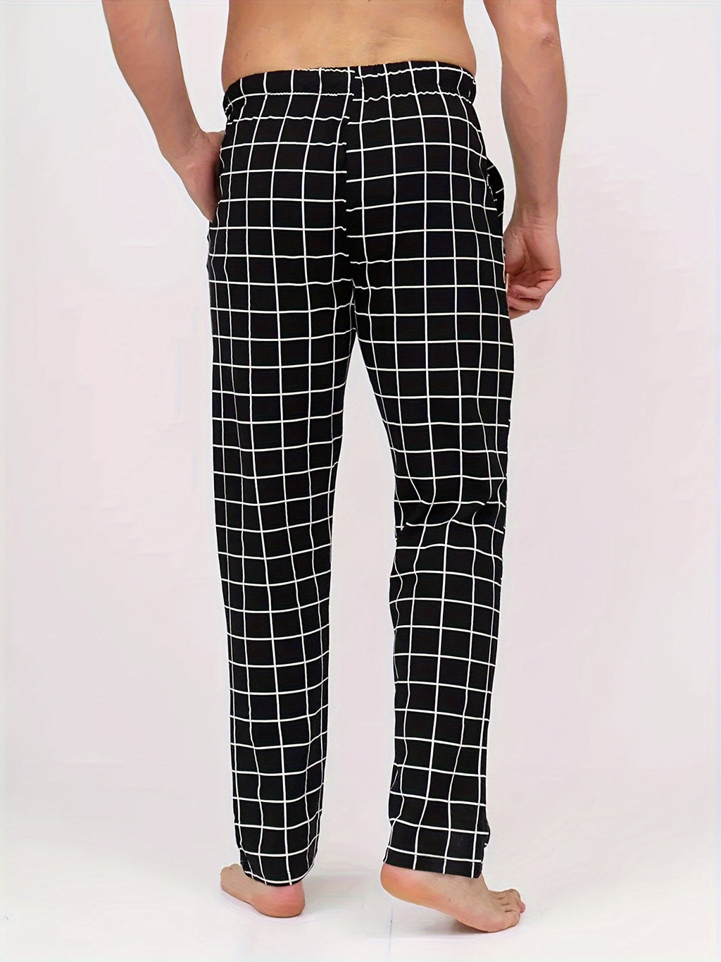 HighPeak Modern Pajama Pants (3-Pack) in black plaid with drawstring waist and side pockets shown on model from back.