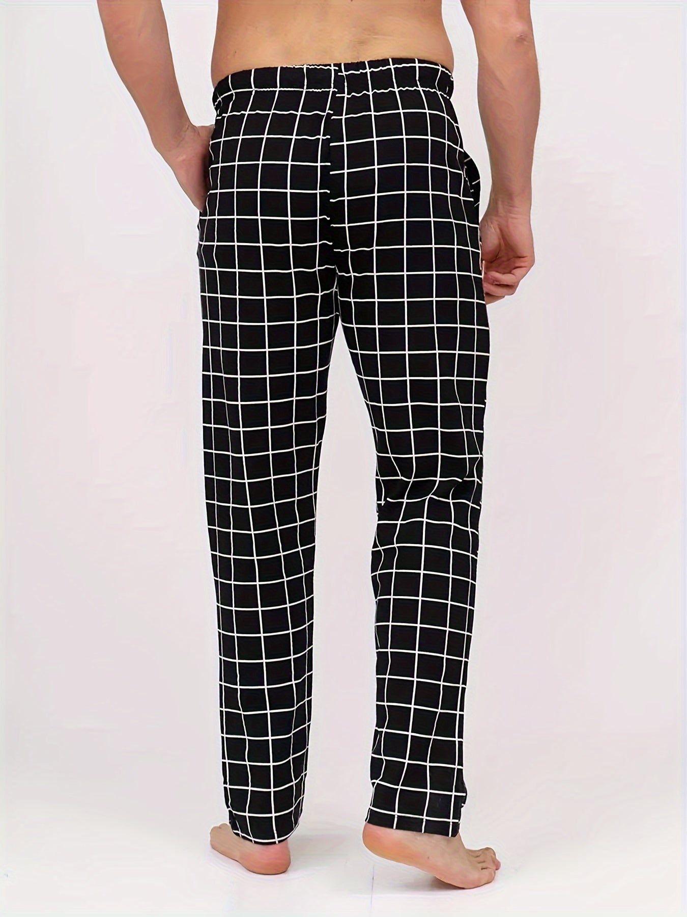 HighPeak Modern Pajama Pants (3-Pack) in black plaid with drawstring waist and side pockets shown on model from back.