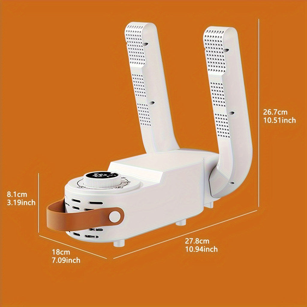 ShoeJet™ shoe dryer in white with folding arms, smart heat control, and brown handle, shown with size dimensions.