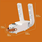 ShoeJet™ shoe dryer in white with folding arms, smart heat control, and brown handle, shown with size dimensions.