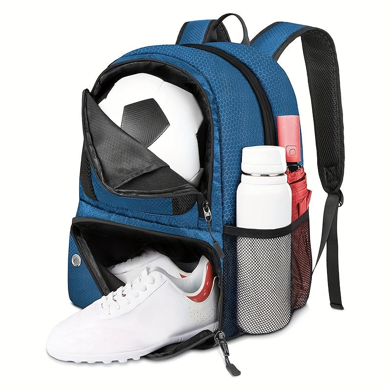 GearGoal™ All Sport Backpack in blue with ball pocket, shoe compartment, and side bottle slots, ready for any sport field