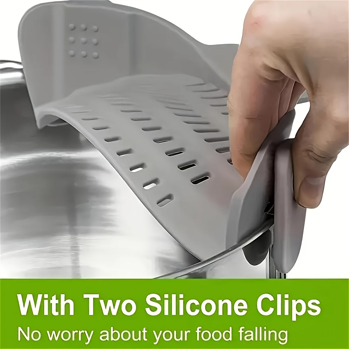 SnapStrain™ clip on food strainer with two silicone clips attached to a stainless steel pot for easy one-handed straining