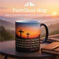 FaithGlow Mug by HighPeak showing heat-reactive cross design and John 3:16 verse at sunrise on ceramic mug