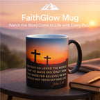 FaithGlow Mugs by HighPeak heat-reactive scripture mug with glowing sunrise and John 3:16 verse on black ceramic mug.