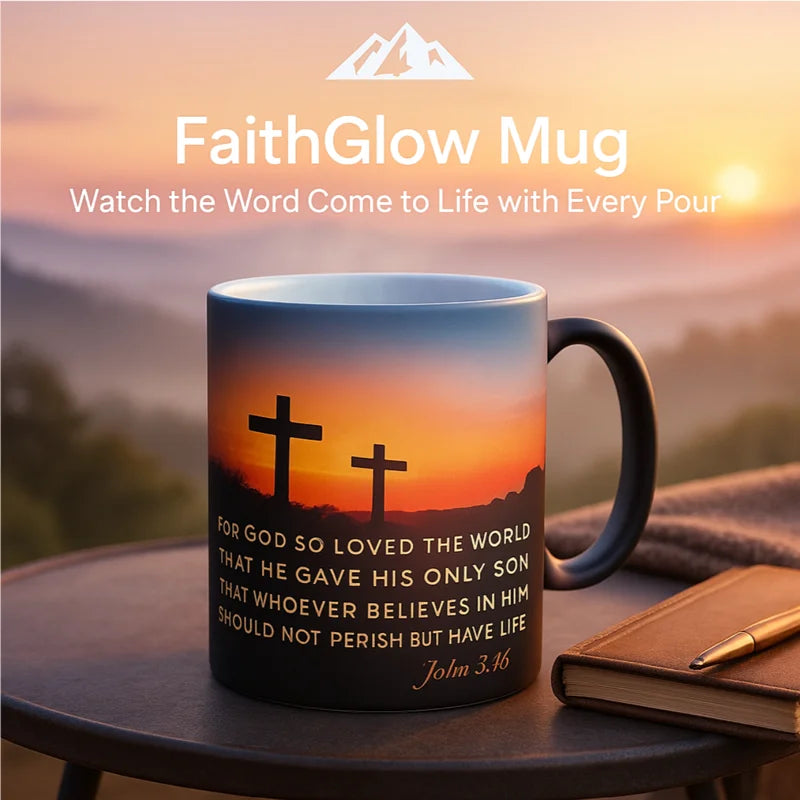 FaithGlow Mugs by HighPeak heat-reactive scripture mug with glowing sunrise and John 3:16 verse on black ceramic mug.