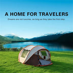 Family Pop-Up Tent brown model shown from the front beside a blue mountain lake with both doors open.