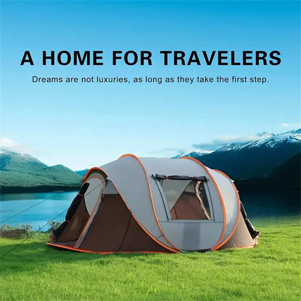 Family Pop-Up Tent in brown and gray with orange trim, shown beside a mountain lake with a side window open.