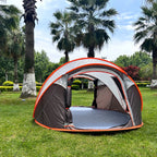 Family Pop-Up Tent front view with both doorways open, showing the gray floor and brown panels with orange trim.