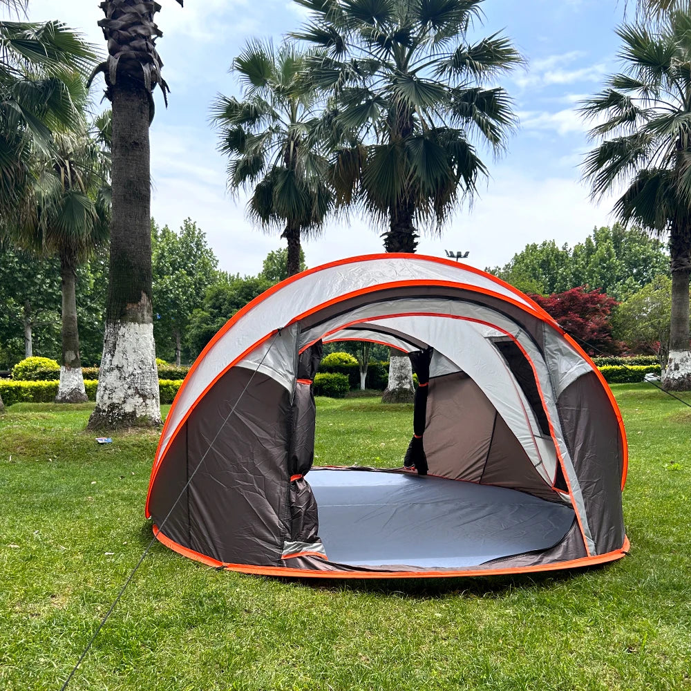 Family Pop-Up Tent front view with both doorways open, showing the gray floor and brown panels with orange trim.