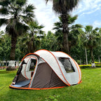 Family Pop-Up Tent brown model shown from the right side, with a large mesh window, open door and guylines.