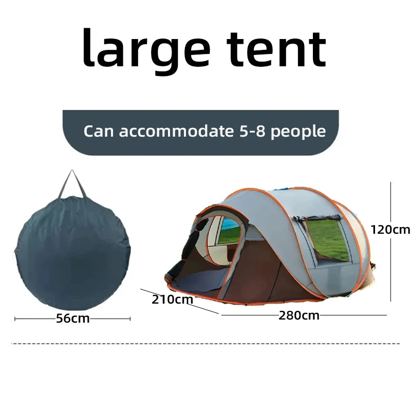 Family Pop-Up Tent size guide showing the brown tent at 280 × 210 × 120 cm and a 56 cm carry bag.