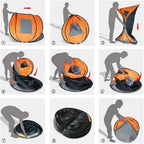 Family Pop-Up Tent folding guide with nine illustrated steps demonstrating an orange tent folding into its bag.