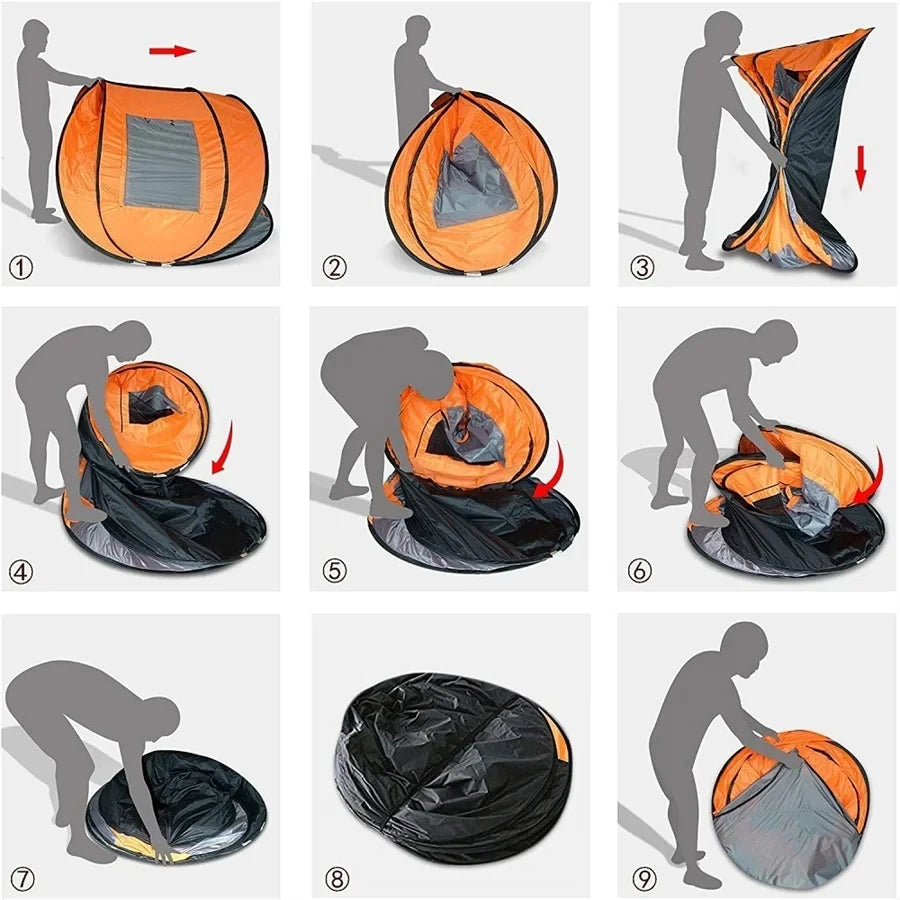 Family Pop-Up Tent folding guide with nine illustrated steps demonstrating an orange tent folding into its bag.