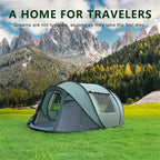 Family Pop-Up Tent supplier demonstration in green at a mountain meadow; the available option is brown.