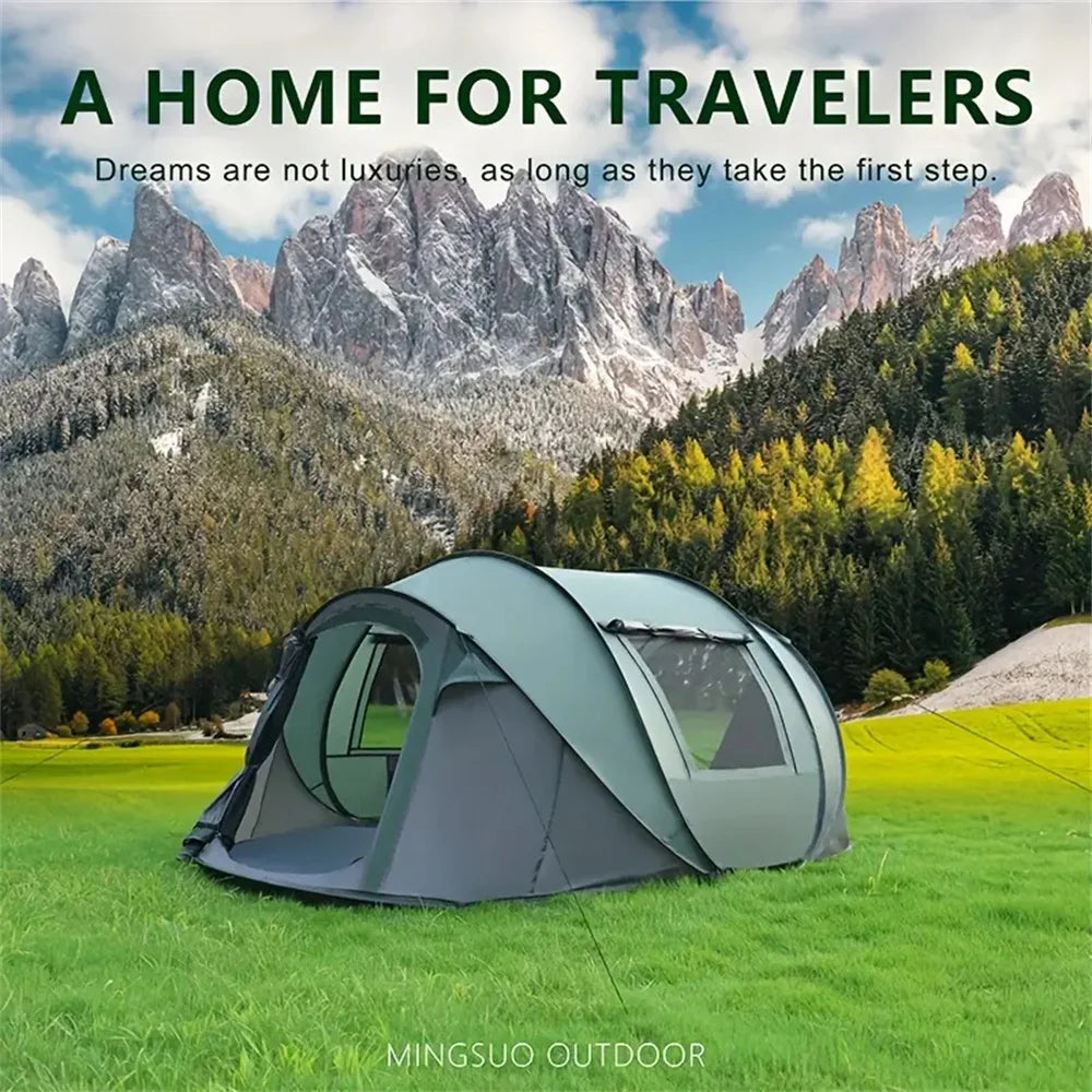 Family Pop-Up Tent supplier demonstration in green at a mountain meadow; the available option is brown.
