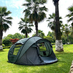 Family Pop-Up Tent supplier demonstration in green with both doors open in a park; available option is brown.