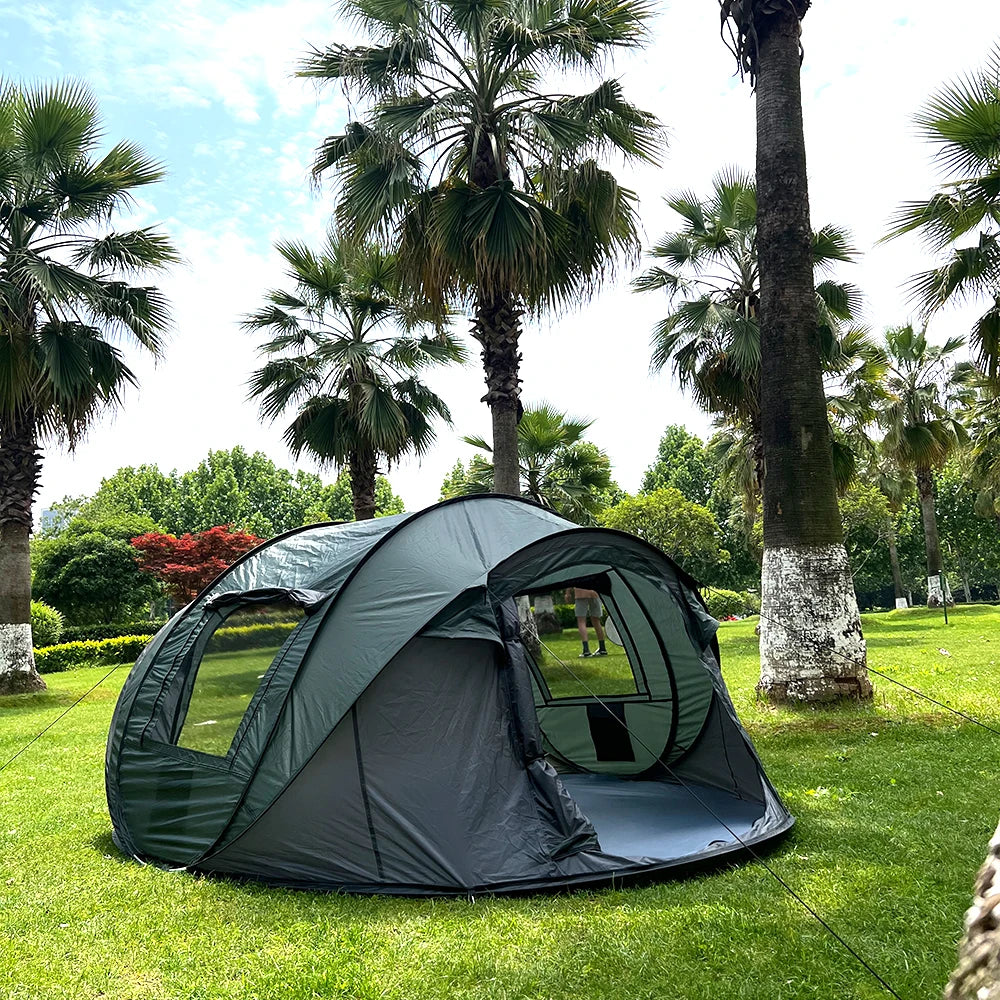 Family Pop-Up Tent supplier demonstration in green with both doors open in a park; available option is brown.