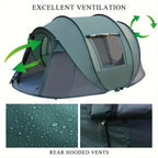 Family Pop-Up Tent green demonstration graphic with airflow arrows, fabric droplets and a zipper close-up.