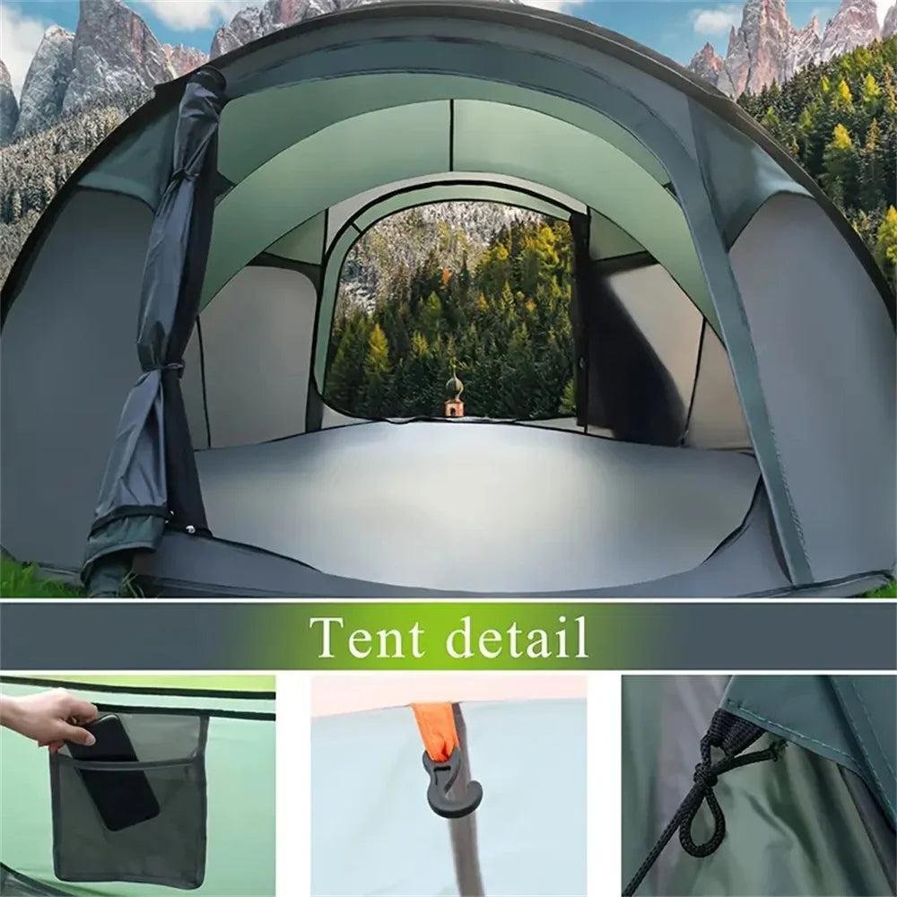 Family Pop-Up Tent green demonstration collage showing the interior, storage pocket, hanging hook and guyline.