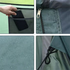 Family Pop-Up Tent detail collage showing a mesh storage pocket, zipper, water droplets and guyline attachment.