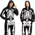 Adult man and woman in black hooded skeleton jumpsuits shown from the front