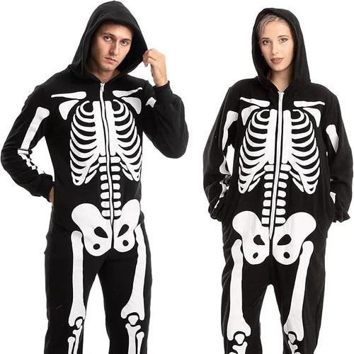 Adult man and woman in black hooded skeleton jumpsuits shown from the front