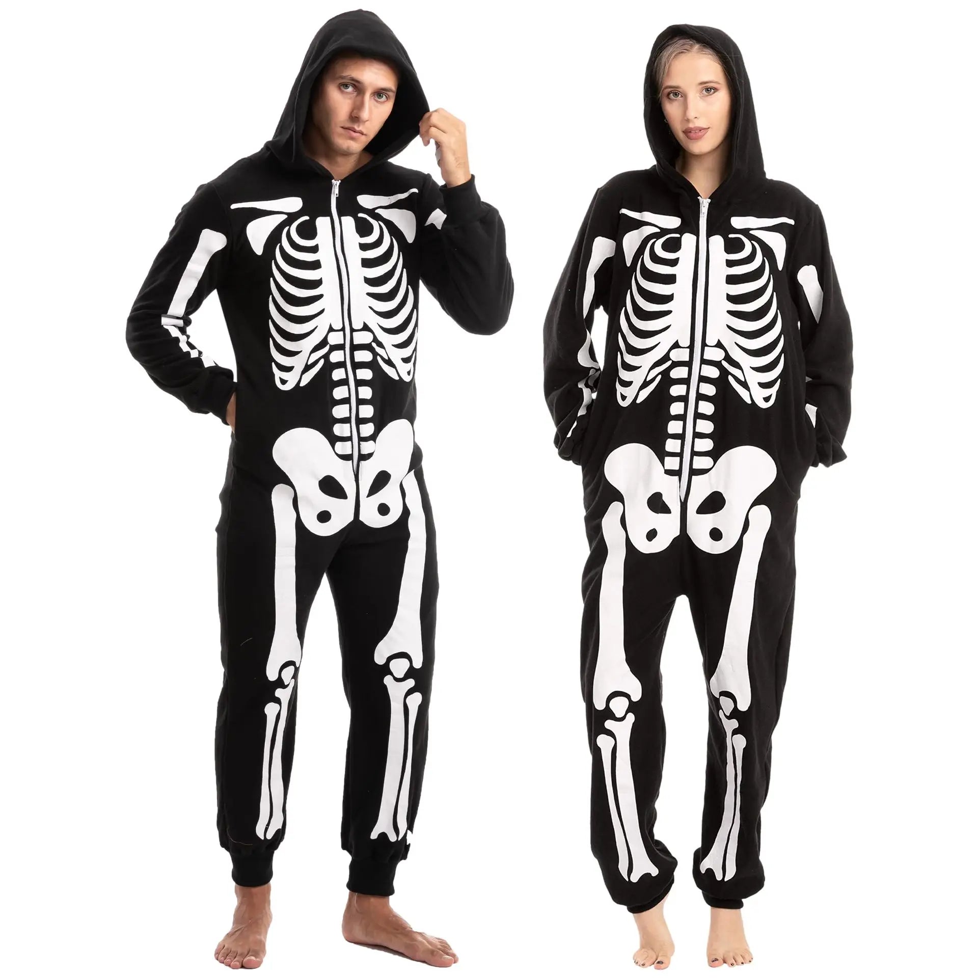 Adult matching black skeleton jumpsuits for men and women shown from the front