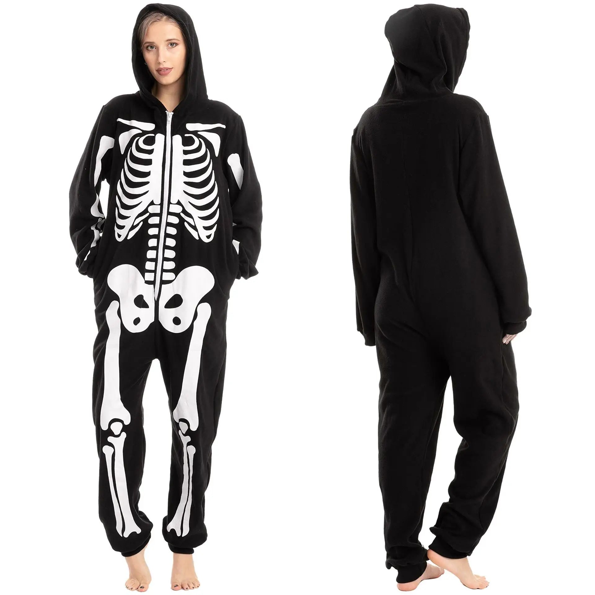 Front and back views of the black hooded skeleton costume jumpsuit