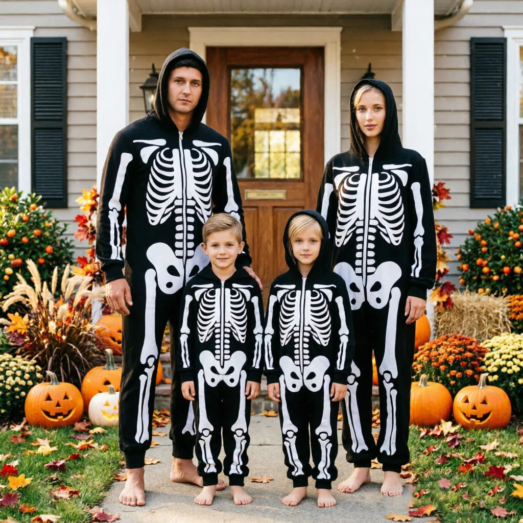 Family of four wearing matching black Family Skeleton Jumpsuits outdoors for Halloween