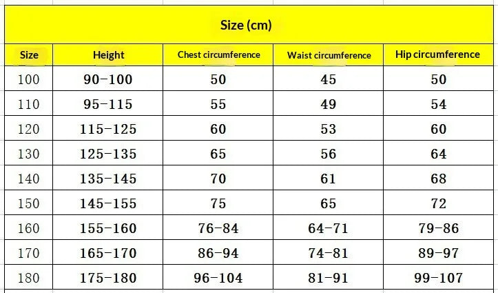 Family Skeleton Jumpsuits size chart for heights 100 through 180