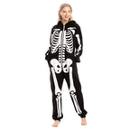 Woman wearing a black hooded skeleton jumpsuit in a full-body front view