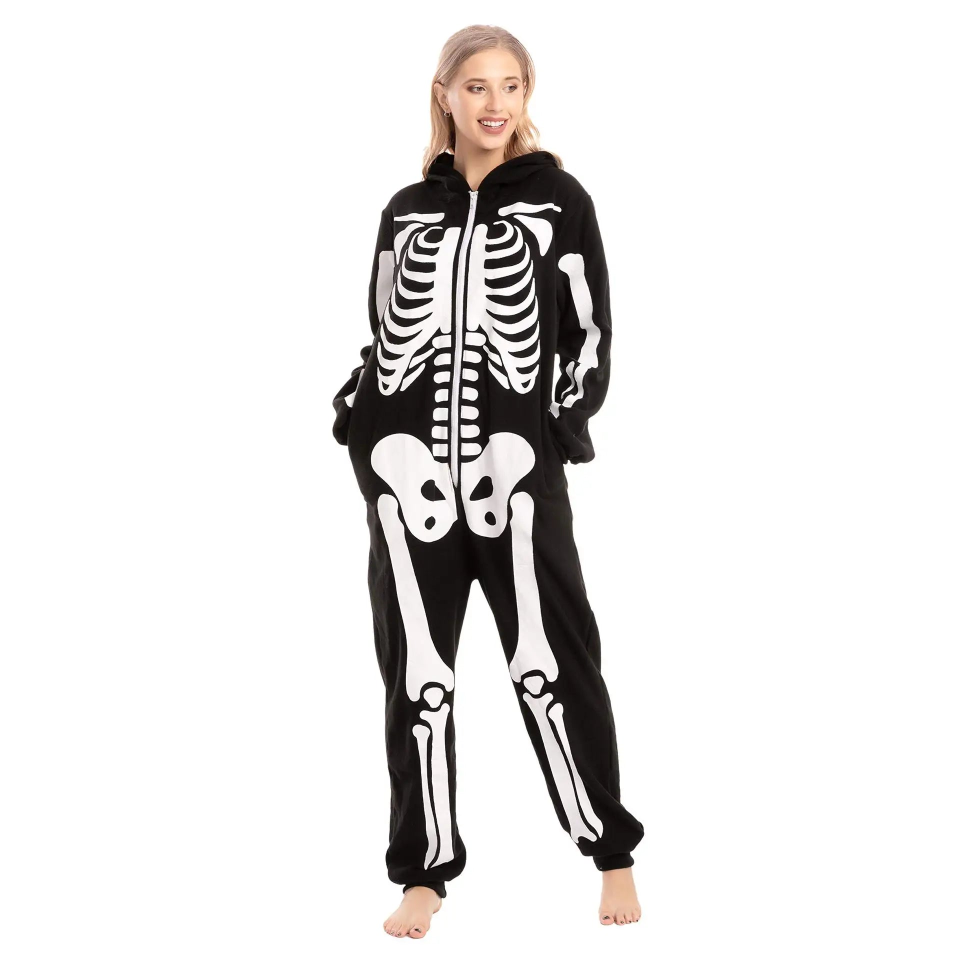 Woman wearing a black hooded skeleton jumpsuit in a full-body front view