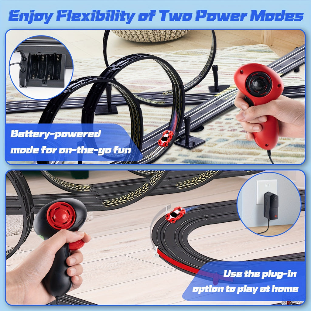 TurboLoop™ - Car Track Set showing flexible battery and plug-in power modes with red controllers on black looped track by HighPeak