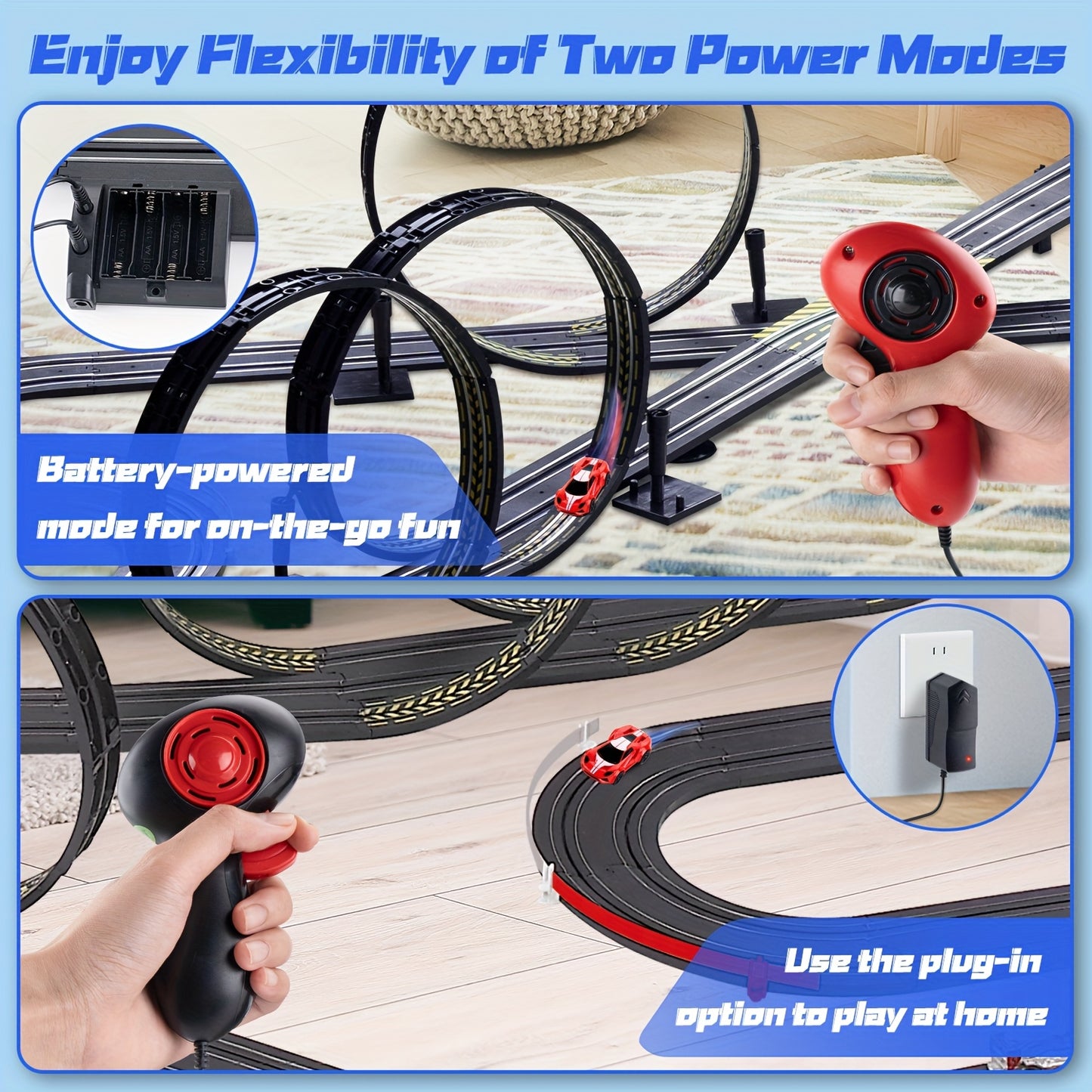 TurboLoop™ - Car Track Set showing flexible battery and plug-in power modes with red controllers on black looped track by HighPeak