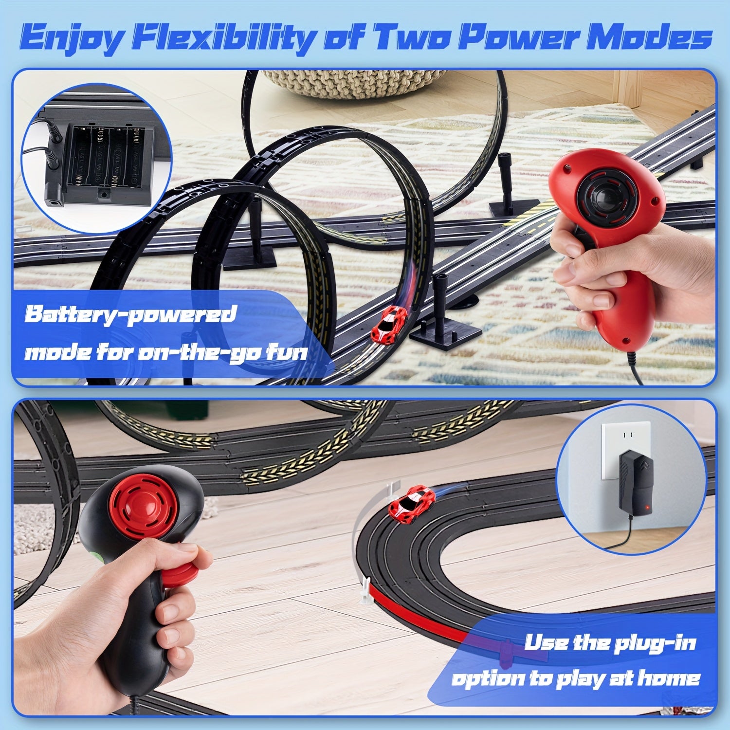 TurboLoop™ - Car Track Set showing flexible battery and plug-in power modes with red controllers on black looped track by HighPeak