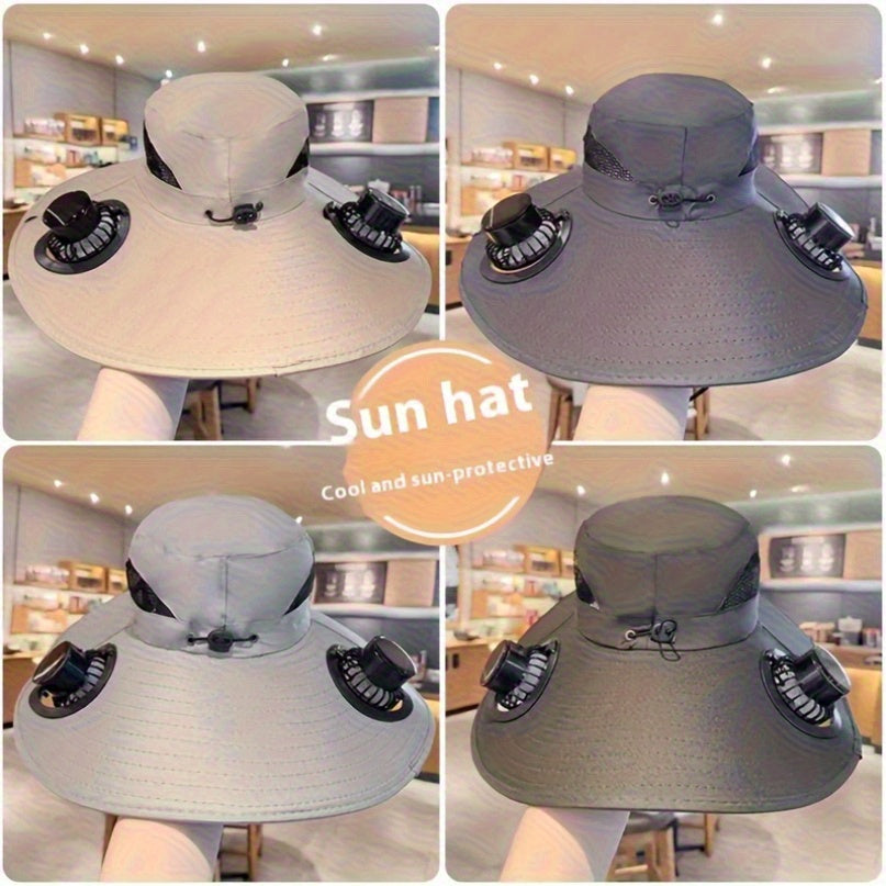 HighPeak Cooling Fan Sun Hat in beige, gray, and olive with dual fans and wide brim for sun protection and cooling breeze