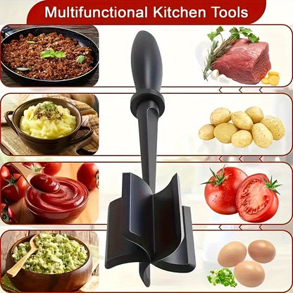 GrindGrip™ manual meat chopper with black handle breaking up ground beef, potatoes, tomatoes, and mashed foods – HighPeak quality