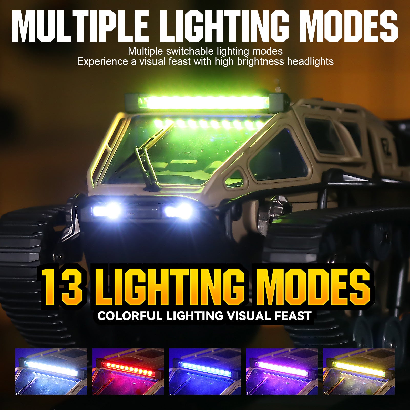 WarBeast RC Tank in tan with multiple LED lighting modes showcasing bright colorful headlights and roof lights by HighPeak