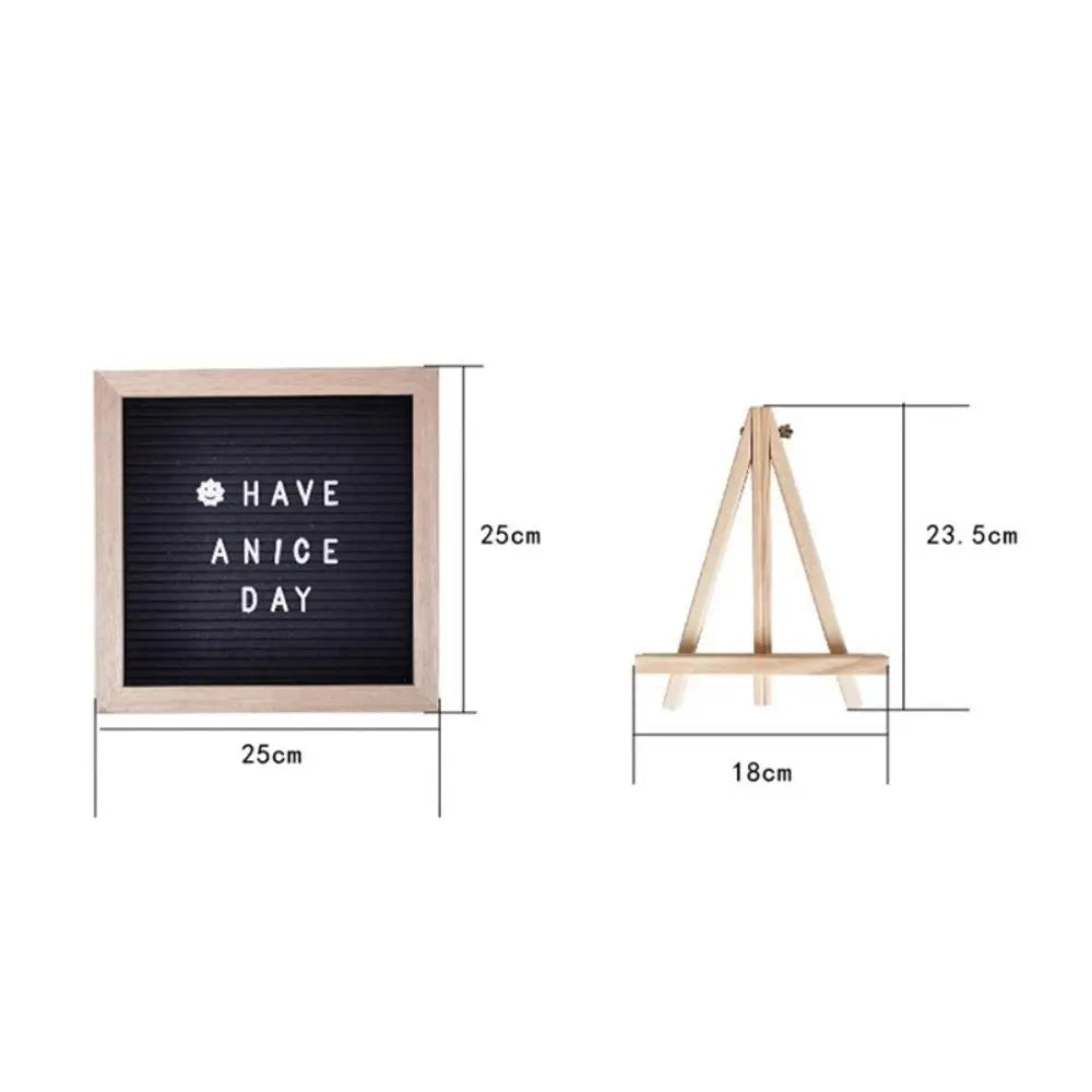 Felt Letter Board size guide showing a 25 cm square board and 23.5 by 18 cm optional stand.