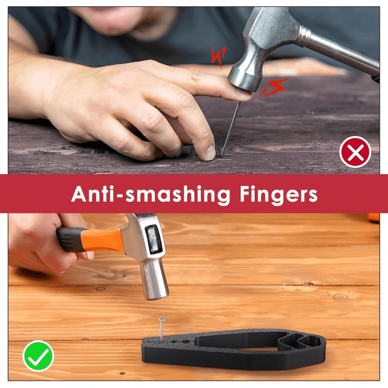 Hammering comparison showing direct finger exposure and the nail holder keeping hands farther from the strike area