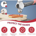 Orange Finger-Safe Nail Holder supporting a nail for one-hand hammering on stacked wood boards