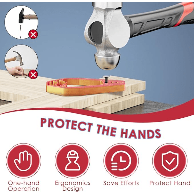 Orange Finger-Safe Nail Holder supporting a nail for one-hand hammering on stacked wood boards