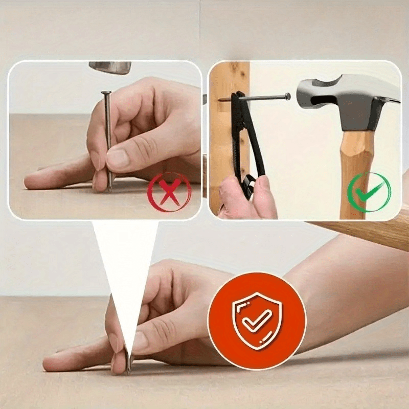 Comparison showing fingers near a loose nail versus using the holder to keep fingers back while hammering