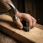 Black Finger-Safe Nail Holder gripping a nail during a woodworking hammering project