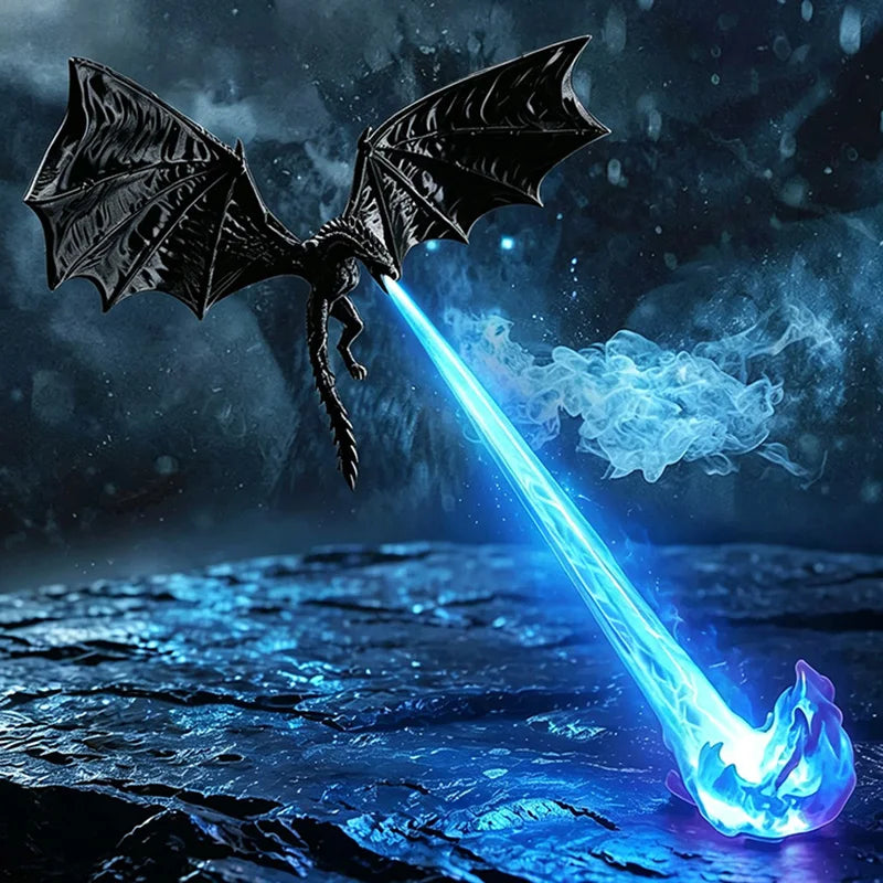 Fire-Breathing Dragon Lamp shown with a blue illuminated breath effect in a fantasy setting