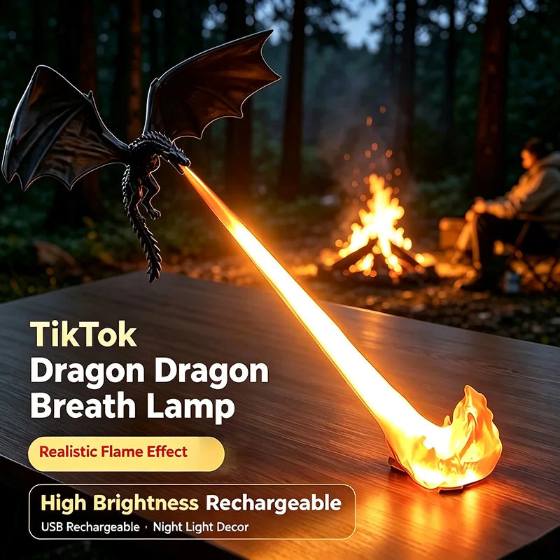 Fire-Breathing Dragon Lamp glowing on a table beside a forest campfire scene