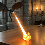 Fire-Breathing Dragon Lamp with orange beam and flame-shaped base in a medieval room