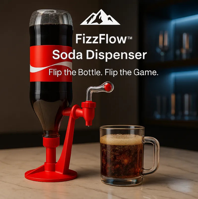 FizzFlow™ Soda Dispenser in red attached to a bottle, pouring cola into a clear glass mug on a kitchen counter by HighPeak.