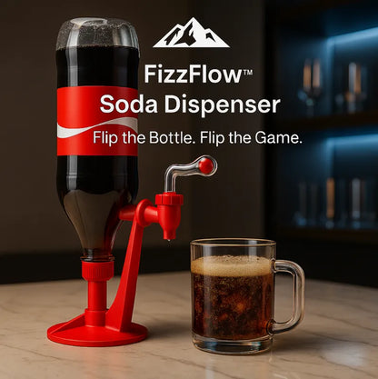 FizzFlow™ Soda Dispenser in red attached to a bottle, pouring cola into a clear glass mug on a kitchen counter by HighPeak.